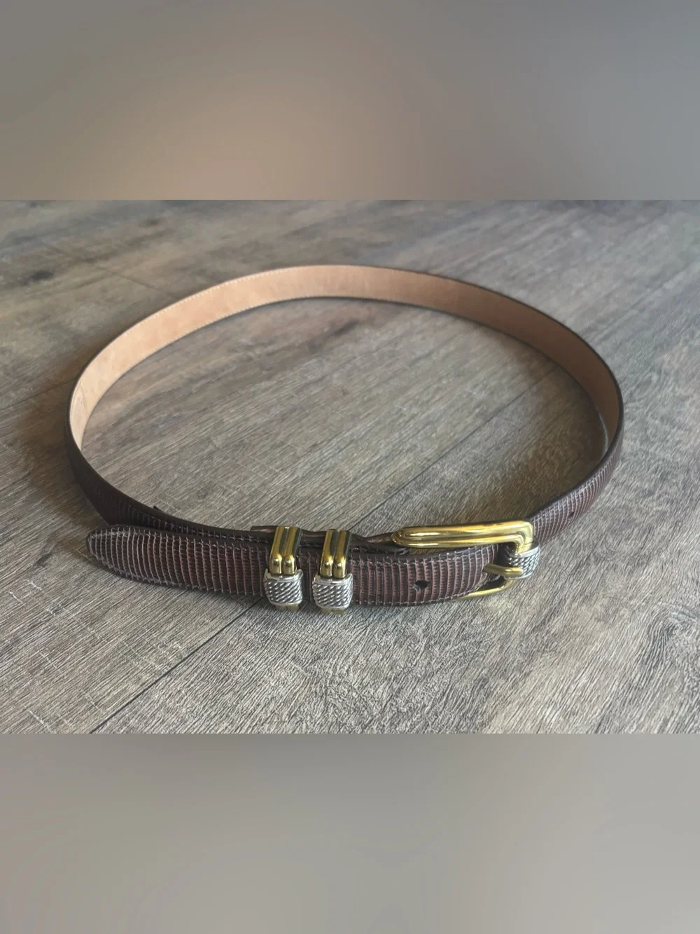 Brighton women’s size 34 brown reptile embossed texture and two-tone buckle belt